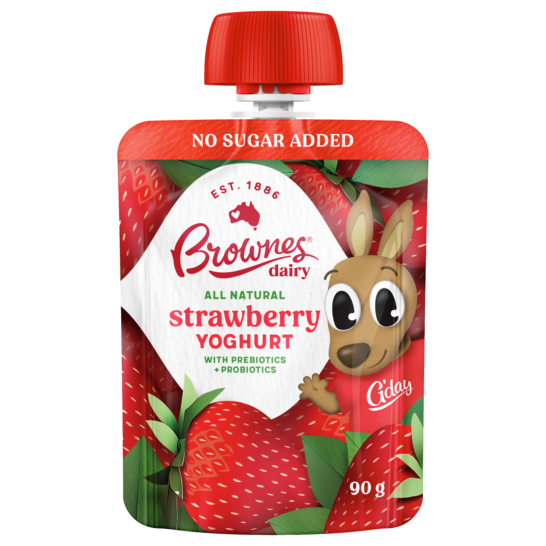 Joey Pack Render for web An image of Brownes Dairy's Joey Natural Strawberry 90g Yoghurt Pouch.