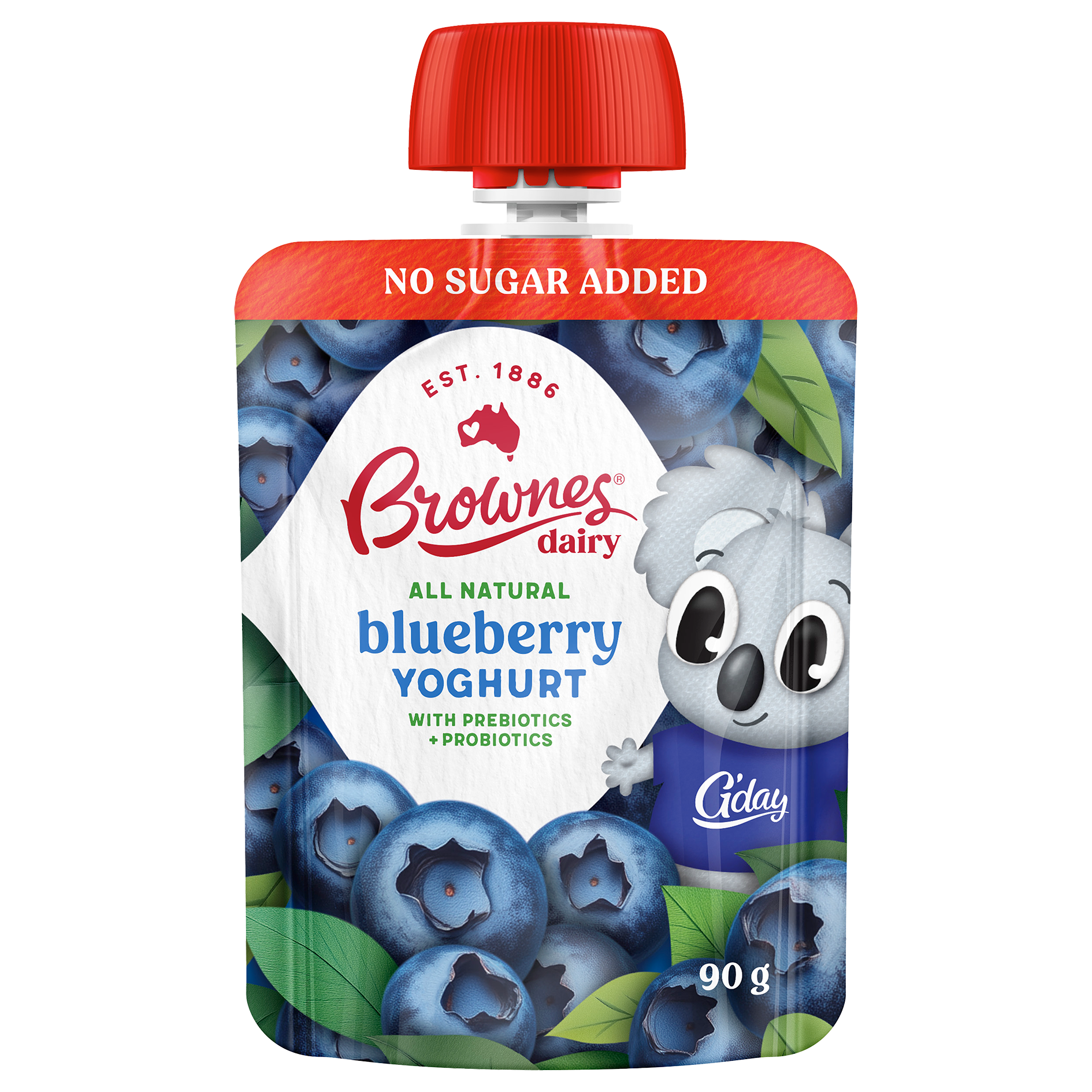 Kit Pack Render for web An image of Brownes Dairy's Kit Natural Blueberry Yoghurt Pouch.
