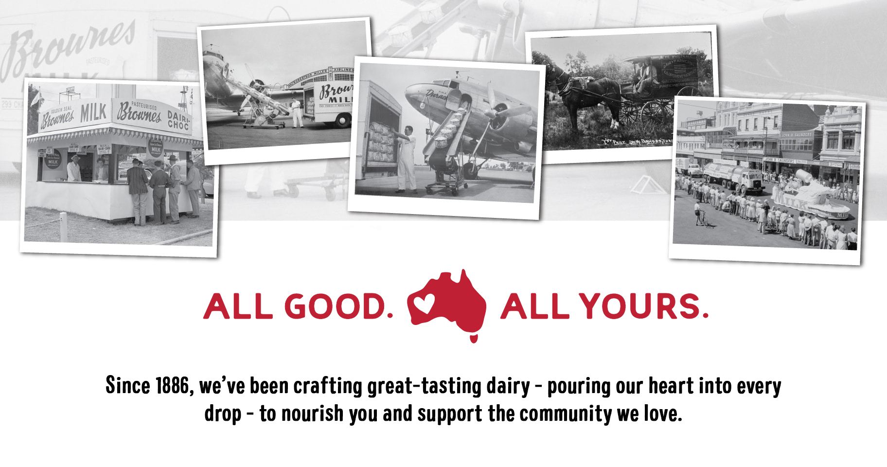 Homepage hero banner new 2 Heritage black and white photos showing Brownes Dairy's beginnings along with the heritage logo.