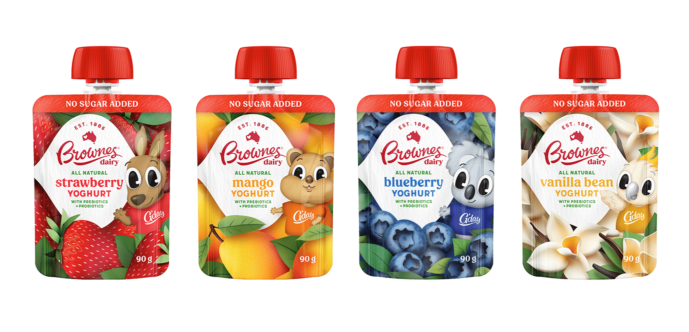 Joey and Friends range A line up of the Joey and Friends 90g yoghurt pouch range of Strawberry, Mango, Blueberry and Vanilla packs.