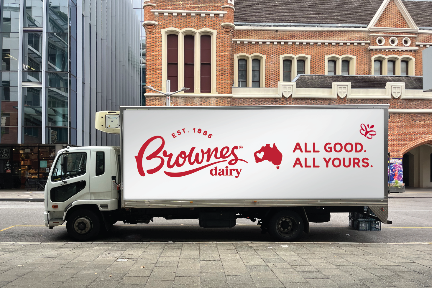 A photgraph of a Brownes Dairy branded truck in Perth's CBD.