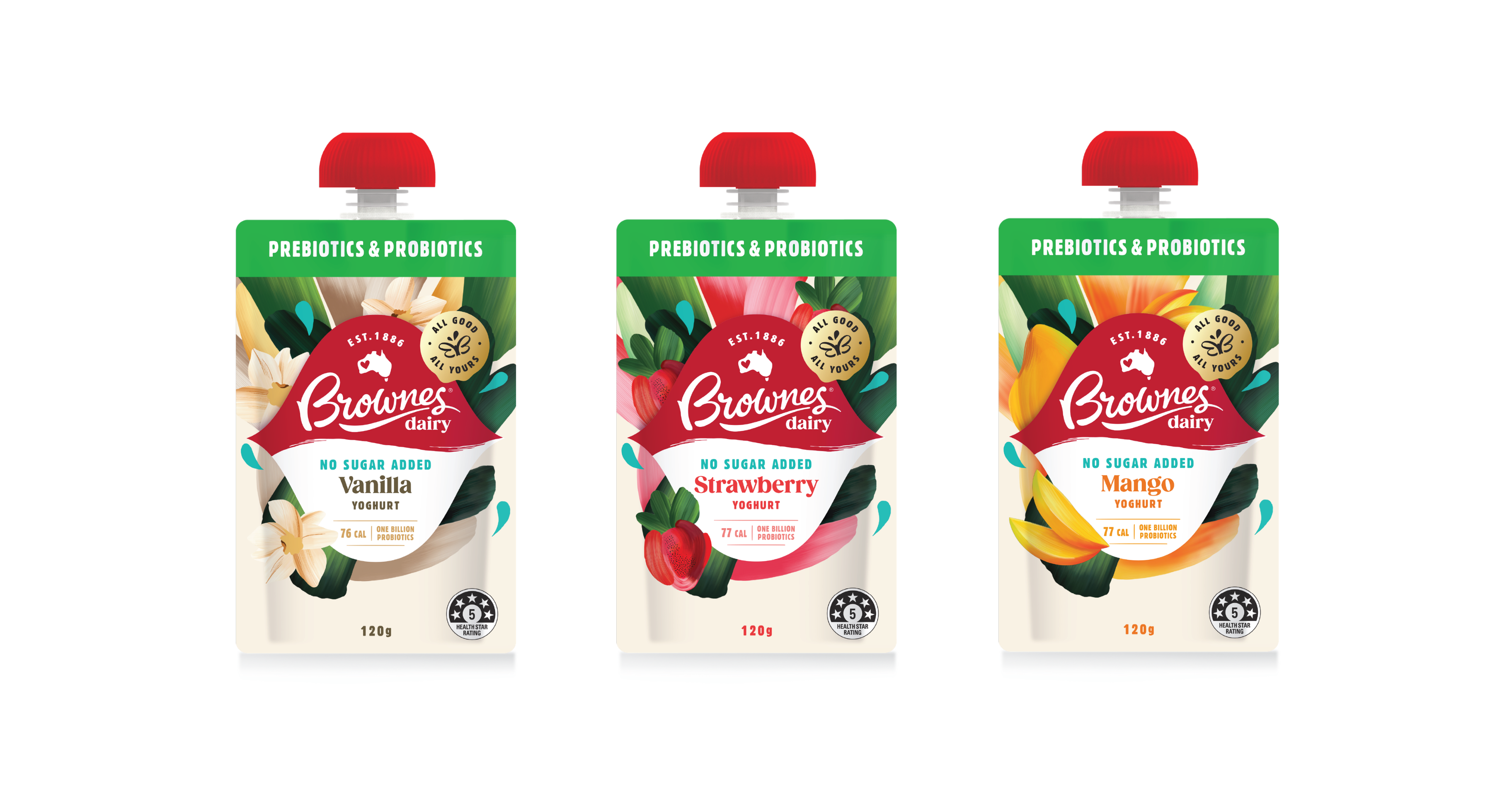 A line up of the Joey and Friends 90g yoghurt pouch range of Strawberry, Mango, Blueberry and Vanilla packs.