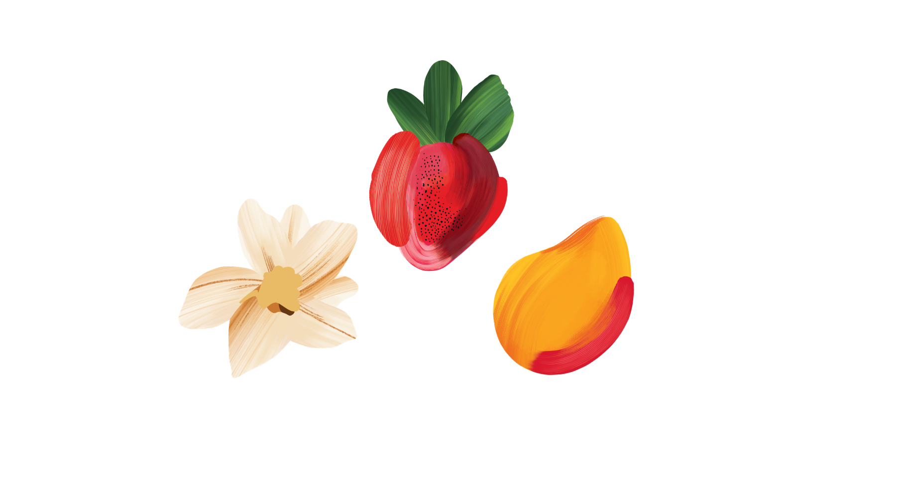 Image featuring 3 elements vanilla flower, strawberry and mango