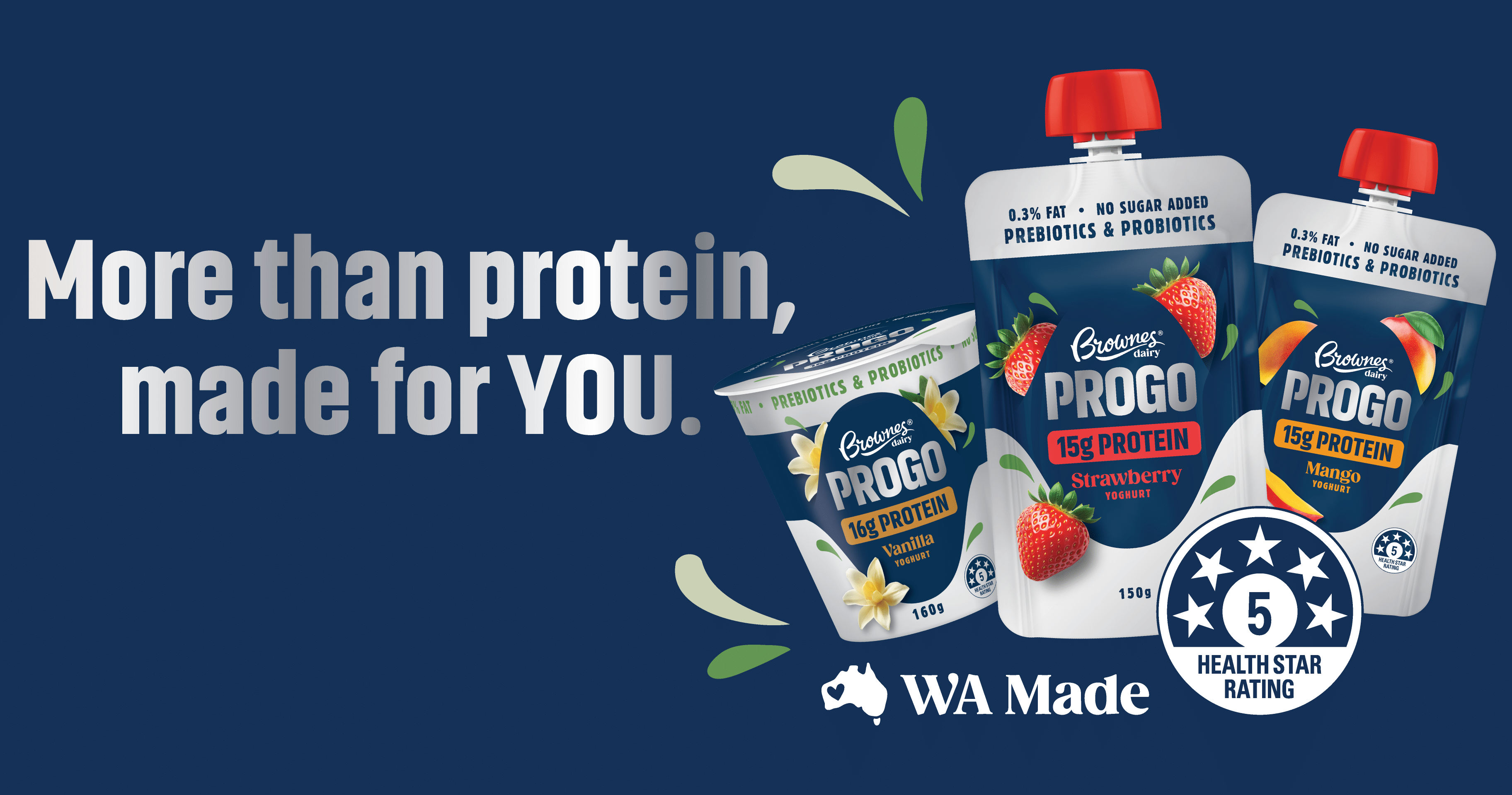 Image features 2 packshots of ProGo yoghurt pouches, Strawberry and Mango flavours and ProGo mango yoghurt in as tub. More than protein, made for you. WA Made. 5-star health rating. 